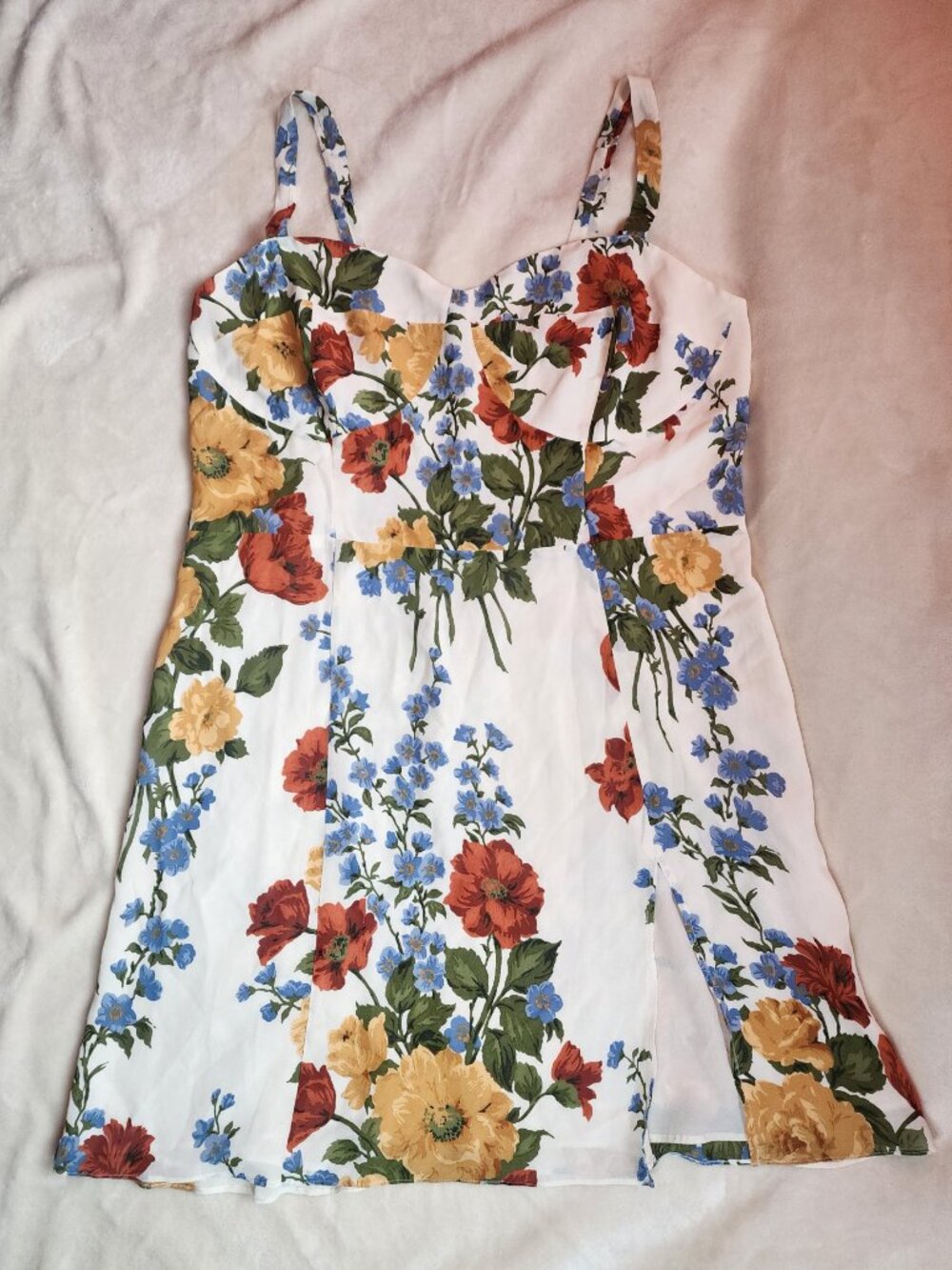 White Floral Sundress with Red, Yellow & Blue Flowers